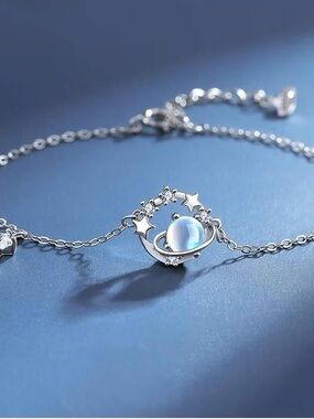Planet Charm Bracelet/anklet with Blue Opalescent Stone. Titanium Steel.